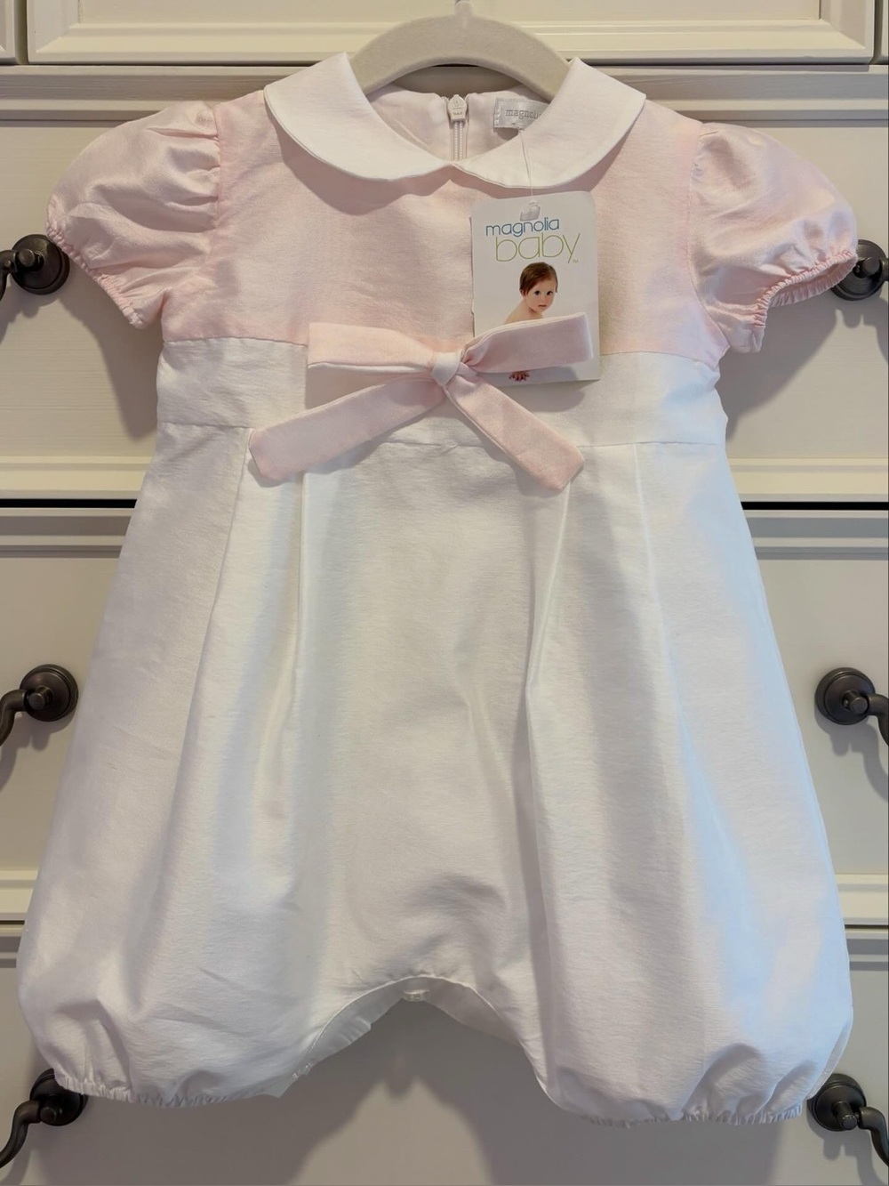 NWT Magnolia Baby Light Pink and White Bow Formal Romper Size 6 Months